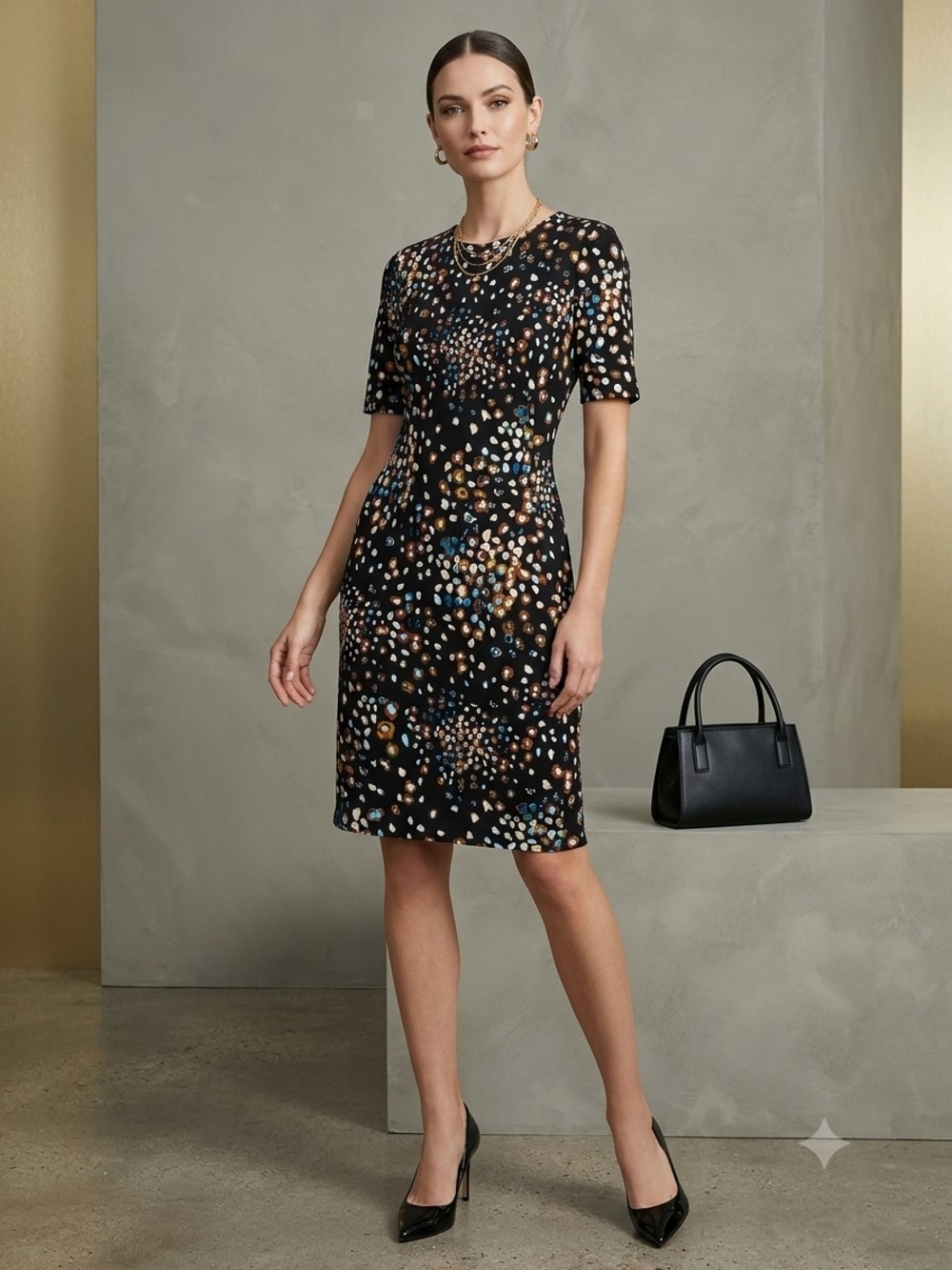 Alfani Black Multicolor Dot-Print Short-Sleeve Sheath Dress